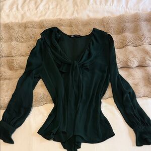 Zara Women's Deep Green Blouse with Bow Detail